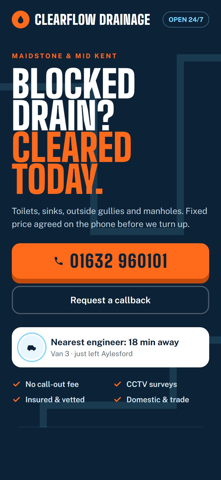 Drainage lead page: blocked drain headline, orange call button and nearest-engineer tracker