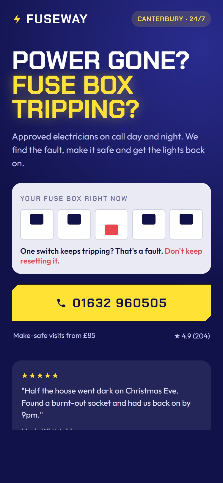 Electrician lead page: indigo design with a fuse box showing a tripped switch