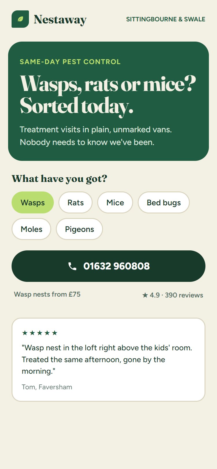 Pest control lead page: green design with pest type buttons and discreet-van promise