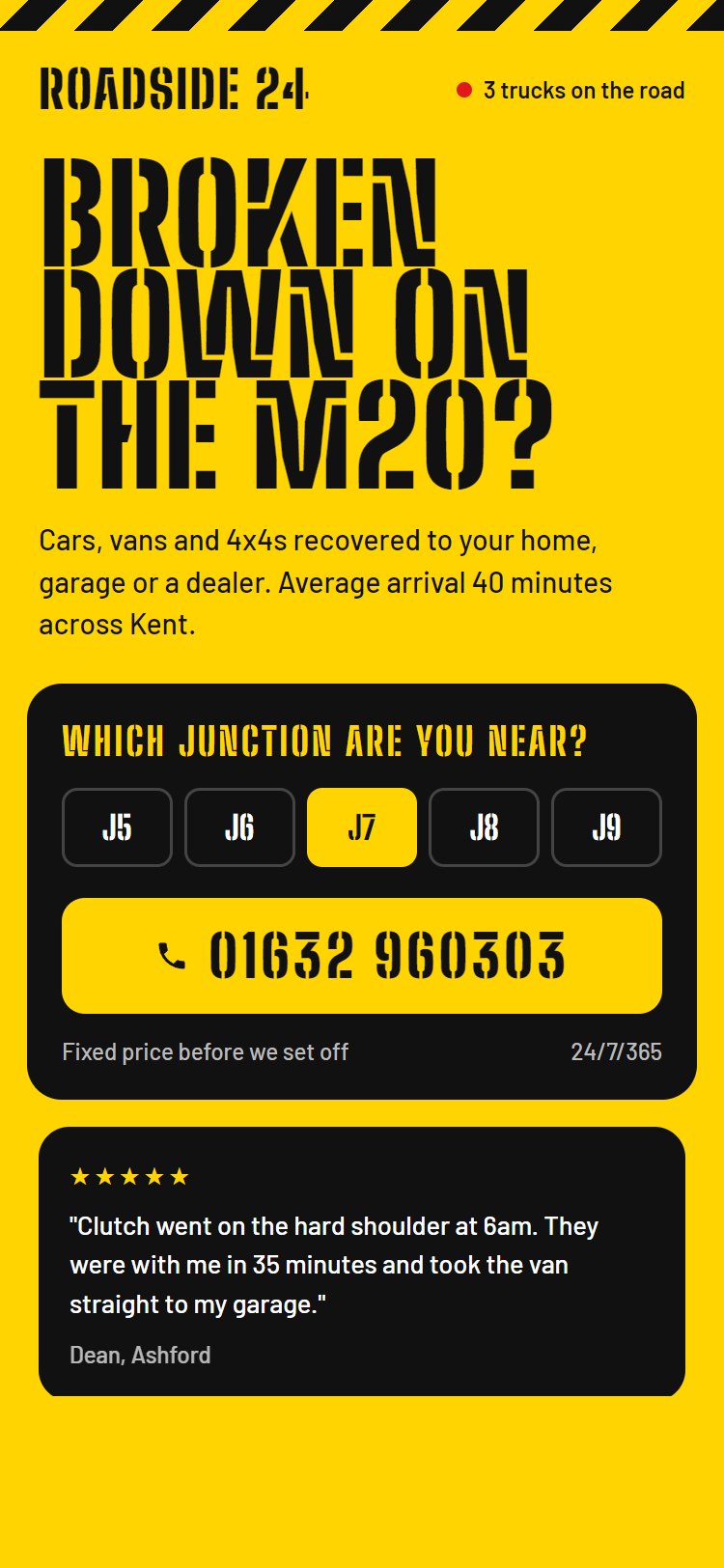 Vehicle recovery lead page: hazard-yellow design with a motorway junction picker