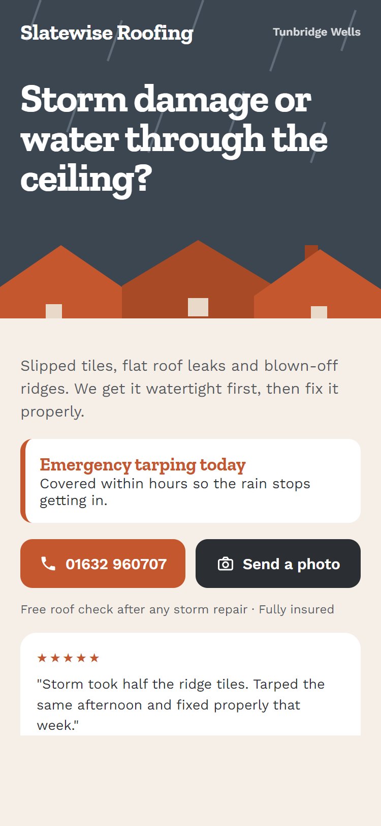 Roofing lead page: storm sky over rooftops with call and send-a-photo buttons